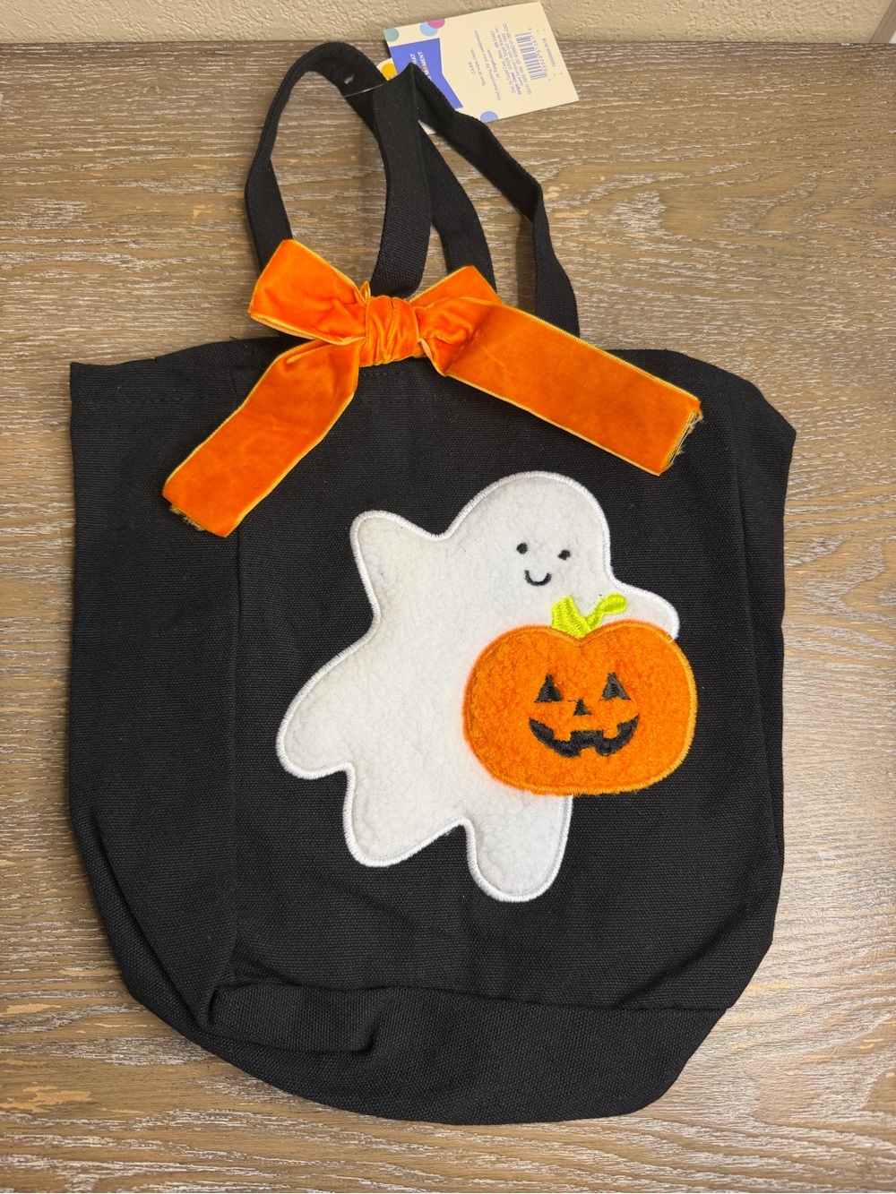 Small Halloween Ghost and Pumpkin Applique Canvas Tote Gift Bag with Bow Black